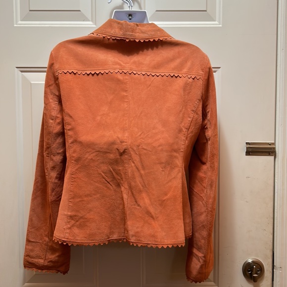 Vintage Karen Kane Light Orange Scalloped Trim Leather Jacket Smalk Petite - Picture 2 of 11